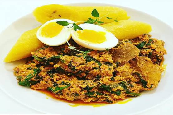 Plantain with Beef palava sauce