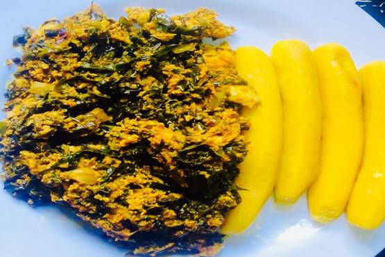 Plantain with Red Fish palava sauce