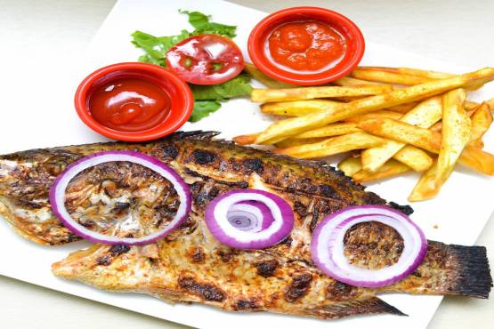 Potato chips with red fish