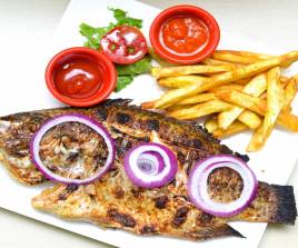 Potato chips with red fish